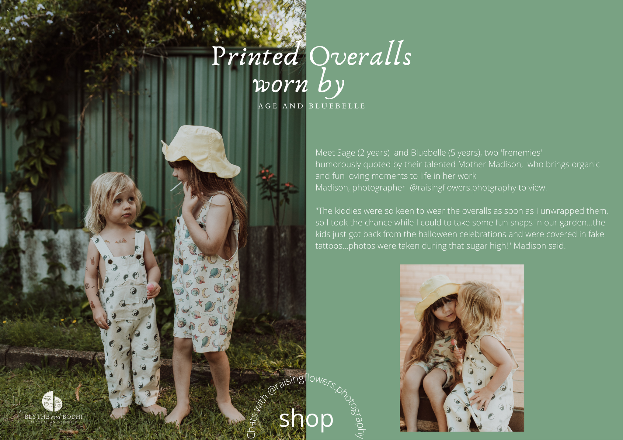 Printed Overalls worn by Sage and Bluebelle